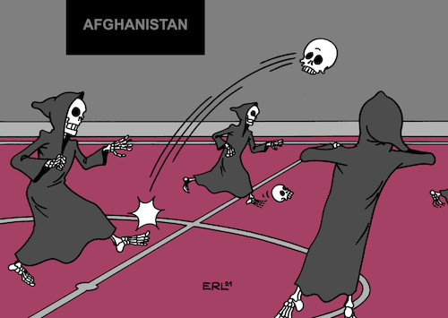 Cartoon: Afghanistan (medium) by Erl tagged politik,afghanistan,abzug,usa,nato,deutschland,macht,machtübernahme,taliban,lebensgefahr,ortskräfte,frauen,evakuierung,ausbreitung,terror,isk,isisk,al,kaida,anschläge,terrornetzwerk,spielfeld,totenkopf,schädel,skelett,fußball,karikatur,erl,politik,afghanistan,abzug,usa,nato,deutschland,macht,machtübernahme,taliban,lebensgefahr,ortskräfte,frauen,evakuierung,ausbreitung,terror,isk,isisk,al,kaida,anschläge,terrornetzwerk,spielfeld,totenkopf,schädel,skelett,fußball,karikatur,erl