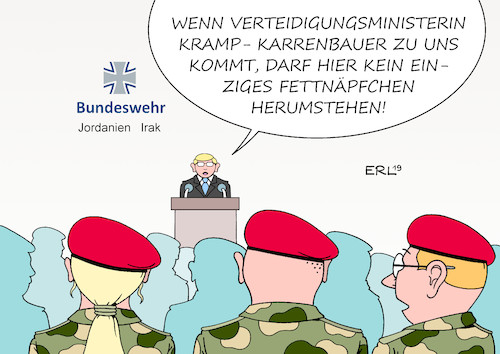 Cartoon: AKK Truppenbesuch (medium) by Erl tagged politik,bundeswehr,verteidigungsministerin,annegret,kramp,karrenbauer,truppenbesuch,neigung,fettnäpfchen,karikatur,erl,politik,bundeswehr,verteidigungsministerin,annegret,kramp,karrenbauer,truppenbesuch,neigung,fettnäpfchen,karikatur,erl