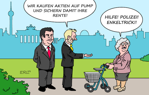 Cartoon: Aktienrente (medium) by Erl tagged politik,bundesregierung,ampel,verabschiedung,rentenpaket,rente,ii,arbeitsminister,hubertus,heil,finanzminister,christian,lindner,geld,schulden,investieren,aktien,stabilisierung,rentenniveau,beitrag,rentenbeitrag,mensch,jung,alt,rentnerin,rentner,enkeltrick,karikatur,erl,politik,bundesregierung,ampel,verabschiedung,rentenpaket,rente,ii,arbeitsminister,hubertus,heil,finanzminister,christian,lindner,geld,schulden,investieren,aktien,stabilisierung,rentenniveau,beitrag,rentenbeitrag,mensch,jung,alt,rentnerin,rentner,enkeltrick,karikatur,erl