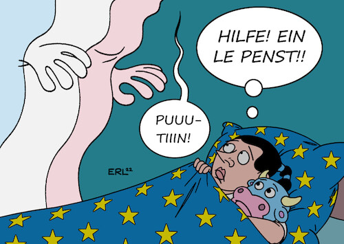 Cartoon: Albtraum Frankreichwahl (medium) by Erl tagged politik,eu,frankreich,wahl,präsidentschaftswahl,emmanuel,macron,marine,le,pen,rechtsextremismus,nationalismus,putinversteherin,krieg,putin,russland,ukraine,gefahr,albtraum,gespenst,spaltung,europa,stier,karikatur,erl,politik,eu,frankreich,wahl,präsidentschaftswahl,emmanuel,macron,marine,le,pen,rechtsextremismus,nationalismus,putinversteherin,krieg,putin,russland,ukraine,gefahr,albtraum,gespenst,spaltung,europa,stier,karikatur,erl