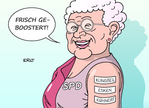 Cartoon: Alte Dame SPD (medium) by Erl tagged politik,partei,alte,dame,spd,wahl,vorsitzende,saskia,esken,lars,klingbeil,generalsekretär,kevin,kühnert,geschlossenheit,auftrieb,booster,impfung,boosterimpfung,corona,virus,pandemie,covid19,vierte,welle,omikron,karikatur,erl,politik,partei,alte,dame,spd,wahl,vorsitzende,saskia,esken,lars,klingbeil,generalsekretär,kevin,kühnert,geschlossenheit,auftrieb,booster,impfung,boosterimpfung,corona,virus,pandemie,covid19,vierte,welle,omikron,karikatur,erl