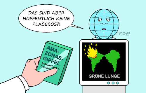 Cartoon: Amazonas-Gipfel (medium) by Erl tagged politik,umwelt,klima,klimawandel,erderwärmung,klimaschutz,amazona,regenwald,urwald,grüne,lunge,erde,zerstörung,abholzung,brandrodung,brand,gipfel,anrainerstaaten,brasilien,bolivien,peru,ecuador,kolumbien,venezuela,französisch,guyana,surinam,lungenentzündung,arzt,medikament,placebo,karikatur,erl,politik,umwelt,klima,klimawandel,erderwärmung,klimaschutz,amazona,regenwald,urwald,grüne,lunge,erde,zerstörung,abholzung,brandrodung,brand,gipfel,anrainerstaaten,brasilien,bolivien,peru,ecuador,kolumbien,venezuela,französisch,guyana,surinam,lungenentzündung,arzt,medikament,placebo,karikatur,erl