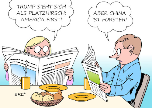 Cartoon: America first (medium) by Erl tagged usa,präsident,donald,trump,rede,america,first,supermacht,weltmacht,nummer,konkurrenz,china,russland,rechtspopulismus,nationalismus,egoismus,platzhirsch,hirsch,förster,zeitung,frau,mann,frühstück,karikatur,erl,usa,präsident,donald,trump,rede,america,first,supermacht,weltmacht,nummer,konkurrenz,china,russland,rechtspopulismus,nationalismus,egoismus,platzhirsch,hirsch,förster,zeitung,frau,mann,frühstück,karikatur,erl