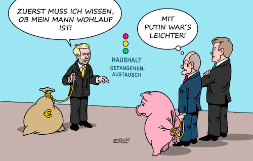 Cartoon: Ampel Gefangenenaustausch (medium) by Erl tagged politik,bundesregierung,ampel,spd,grüne,fdp,haushalt,verhandlungen,streit,investitionen,schulden,schuldenbremse,sparschwein,lindner,scholz,habeck,gefangenenaustausch,usa,deutschland,russland,geiseln,gefangene,karikatur,erl,politik,bundesregierung,ampel,spd,grüne,fdp,haushalt,verhandlungen,streit,investitionen,schulden,schuldenbremse,sparschwein,lindner,scholz,habeck,gefangenenaustausch,usa,deutschland,russland,geiseln,gefangene,karikatur,erl