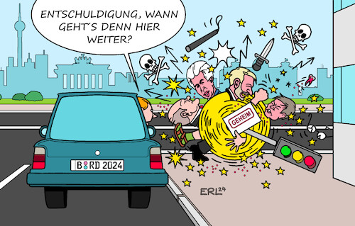 Cartoon: An der Ampel (medium) by Erl tagged politik,bundesregierung,spd,grüne,fdp,streit,unvereinbarkeit,positionen,ukraine,krieg,taurus,lieferung,geheimnisverrat,geheimnis,klima,sozialpolitik,schuldenbremse,scholz,strack,zimmermann,lindner,habeck,auto,straße,verkehr,regeln,ampel,karikatur,erl,politik,bundesregierung,spd,grüne,fdp,streit,unvereinbarkeit,positionen,ukraine,krieg,taurus,lieferung,geheimnisverrat,geheimnis,klima,sozialpolitik,schuldenbremse,scholz,strack,zimmermann,lindner,habeck,auto,straße,verkehr,regeln,ampel,karikatur,erl