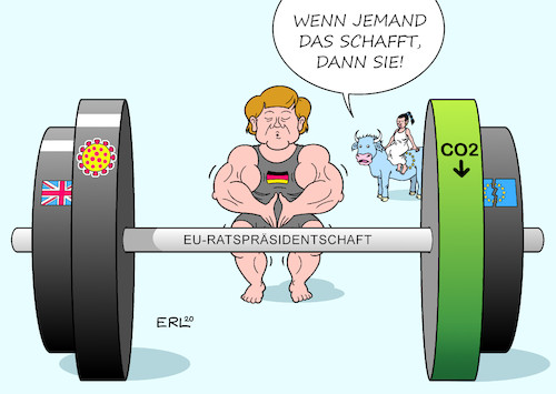 Cartoon: Angela die Starke (medium) by Erl tagged politik,eu,deutschland,ratspräsidentschaft,brexit,corona,wiederaufbau,klimaschutz,green,deal,spaltung,einigung,westeuropa,osteuropa,nordeuropa,südeuropa,bundeskanzlerin,angela,merkel,stärke,einfluss,gewicht,europa,stier,karikatur,erl,politik,eu,deutschland,ratspräsidentschaft,brexit,corona,wiederaufbau,klimaschutz,green,deal,spaltung,einigung,westeuropa,osteuropa,nordeuropa,südeuropa,bundeskanzlerin,angela,merkel,stärke,einfluss,gewicht,europa,stier,karikatur,erl