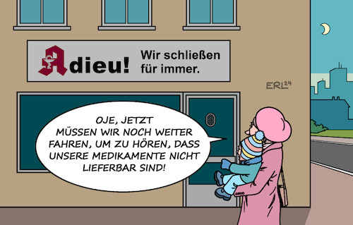 Cartoon: Apothekensterben (medium) by Erl tagged politik,gesundheit,apotheke,schließung,medikamente,lieferengpass,fachkräftemangel,mutter,kind,karikatur,erl,politik,gesundheit,apotheke,schließung,medikamente,lieferengpass,fachkräftemangel,mutter,kind,karikatur,erl