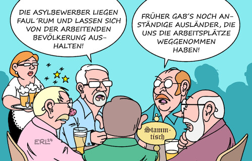 Cartoon: Arbeitspflicht für Asylbewerber (medium) by Erl tagged politik,migration,asyl,asylverfahren,arbeitsverbot,diskussion,stammtisch,arbeitspflicht,für,asylbewerber,früher,ausländer,konkurrenz,arbeitsplätze,rechtspopulismus,cdu,thüringen,mario,voigt,karikatur,erl,politik,migration,asyl,asylverfahren,arbeitsverbot,diskussion,stammtisch,arbeitspflicht,für,asylbewerber,früher,ausländer,konkurrenz,arbeitsplätze,rechtspopulismus,cdu,thüringen,mario,voigt,karikatur,erl