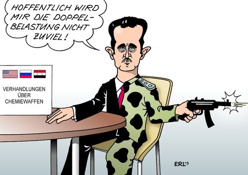 Cartoon: Assad (medium) by Erl tagged syrien,bürgerkrieg,diktator,präsident,assad,chemiewaffen,rebellen,usa,drohung,militärschlag,diplomatie,verhandlungen,russland,töten,bevölkerung,doppelrolle,doppelbelastung,syrien,bürgerkrieg,diktator,präsident,assad,chemiewaffen,rebellen,usa,drohung,militärschlag,diplomatie,verhandlungen,russland,töten,bevölkerung,doppelrolle,doppelbelastung