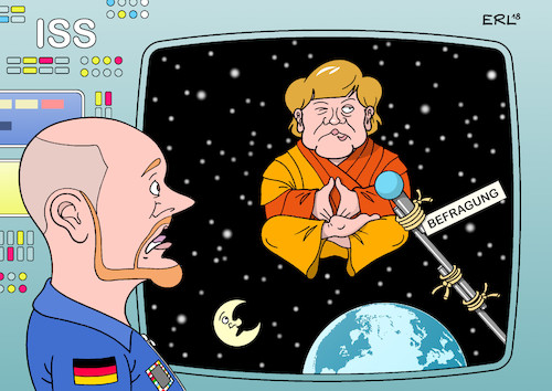 Cartoon: Astro-Angela (medium) by Erl tagged politik,bundeskanzlerin,angela,merkel,fragestunde,befragung,bundestag,abgeordnete,bundestagsabgeordnete,frage,antwort,kontakt,bodenhaftung,abgehobenheit,unten,oben,all,weltall,astronaut,alexander,gerst,flug,rakete,raumstation,iss,blick,fenster,erde,mond,sterne,karikatur,erl,politik,bundeskanzlerin,angela,merkel,fragestunde,befragung,bundestag,abgeordnete,bundestagsabgeordnete,frage,antwort,kontakt,bodenhaftung,abgehobenheit,unten,oben,all,weltall,astronaut,alexander,gerst,flug,rakete,raumstation,iss,blick,fenster,erde,mond,sterne,karikatur,erl