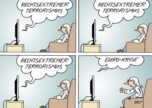 Cartoon: Aufreger (medium) by Erl tagged gleichgültigkeit,aufregung,schulden,krise,euro,versagen,verfassungsschutz,bombenanschlag,mord,neonazi,rechtsextremismus,terror,terrorismus,terrorismus,terror,rechtsextremismus,neonazi,mord,bombenanschlag,verfassungsschutz,aufregung,gleichgültigkeit,krise,euro,versagen,nazi,nazis