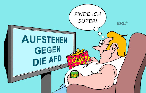 Cartoon: Aufstehen (medium) by Erl tagged politik,partei,afd,rechtsextremismus,rechtsextrem,pläne,remigration,vertreibung,deportation,enthüllung,demonstrationen,bürgerinnen,bürger,aufstehen,demokratie,fernsehen,fernsehsessel,couch,bier,chips,karikatur,erl,politik,partei,afd,rechtsextremismus,rechtsextrem,pläne,remigration,vertreibung,deportation,enthüllung,demonstrationen,bürgerinnen,bürger,aufstehen,demokratie,fernsehen,fernsehsessel,couch,bier,chips,karikatur,erl