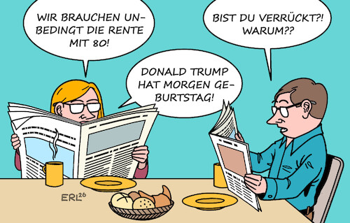 Cartoon: Ausnahmsweise dafür (medium) by Erl tagged politik,usa,donald,trump,geburtstag,80,wunsch,welt,rente,rechtspopulismus,zölle,kriege,narzissmus,karikatur,erl,politik,usa,donald,trump,geburtstag,80,wunsch,welt,rente,rechtspopulismus,zölle,kriege,narzissmus,karikatur,erl