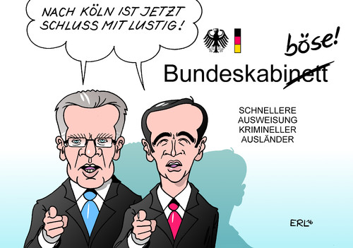 Cartoon: Ausweisung (medium) by Erl tagged justizminister,maiziere,de,thomas,innenminister,lustig,schluss,böse,nett,bundeskabinett,schneller,ausweisung,gesetz,verschärfung,flüchtlinge,nordafrikaner,ausländer,antanzen,vergewaltigung,nötigung,sexuelle,raub,diebstahl,nacht,silvester,köln,kriminalität,kriminalität,köln,silvester,nacht,diebstahl,raub,sexuelle,nötigung,vergewaltigung,antanzen,ausländer,nordafrikaner,flüchtlinge,verschärfung,gesetz,ausweisung,schneller,bundeskabinett,nett,böse,schluss,lustig,innenminister,thomas,de,maiziere,justizminister,heiko,maas,karikatur,erl