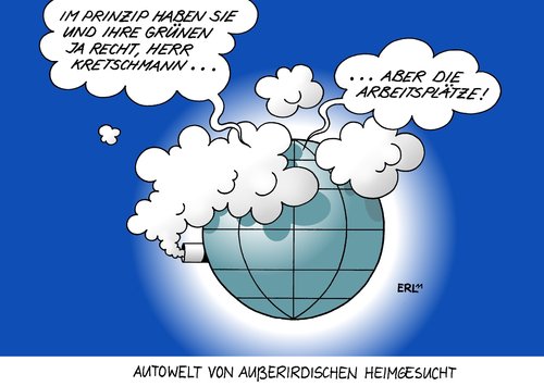 Cartoon: Autowelt (medium) by Erl tagged außerirdische,co2,klimaschutz,atmosphäre,welt,abgase,arbeitsplätze,wirtschaft,wirtschaftsstandort,mobilität,umwelt,grün,umweltfreundlich,alternativen,interview,ministerpräsident,kretschmann,grüne,porsche,daimler,württemberg,baden,autohersteller,auto,auto,autohersteller,baden württemberg,porsche,daimler,grüne,kretschmann,ministerpräsident,interview,umweltfreundlich,alternativen,umwelt,mobilität,wirtschaftss,baden,württemberg