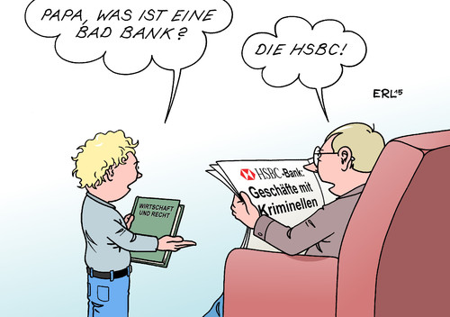 Cartoon: Bad Bank (medium) by Erl tagged hsbc,bank,großbritannien,schweiz,geschäft,kriminell,steuerflucht,steuerbetrug,betrug,kriminalität,schlecht,bad,wirtschaft,finanzen,recht,vater,sohn,karikatur,erl,hsbc,bank,großbritannien,schweiz,geschäft,kriminell,steuerflucht,steuerbetrug,betrug,kriminalität,schlecht,bad,wirtschaft,finanzen,recht,vater,sohn