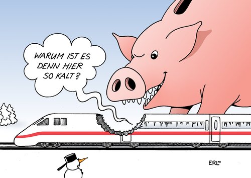 Cartoon: Bahn Sparzwang (medium) by Erl tagged bahn,sparen,sparzwang,sparschwein,ausfälle,wetter,kälte,hitze,klimaanlage,bahn,sparen,sparschwein,ausfälle,wetter,kälte,hitze,klimaanlage,db,deutsche bahn,chaos,verkehr,deutsche