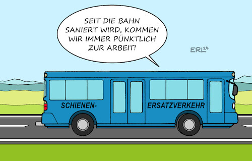 Cartoon: Bahnsanierung (medium) by Erl tagged politik,verkehr,deutschland,bahn,unpünktlich,marode,kaputtgespart,sanierung,schienen,gleisbett,oberleitungen,sperrung,schienenersatzverkehr,bus,pünktlichkeit,pünktlich,arbeit,pendler,karikatur,erl,politik,verkehr,deutschland,bahn,unpünktlich,marode,kaputtgespart,sanierung,schienen,gleisbett,oberleitungen,sperrung,schienenersatzverkehr,bus,pünktlichkeit,pünktlich,arbeit,pendler,karikatur,erl