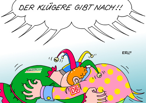 Cartoon: Bahnstreik (medium) by Erl tagged bahn,eisenbahn,lokomotivführer,gewerkschaft,chef,claus,weselsky,streik,tarif,überstunden,macht,sturheit,machtkampf,spartengewerkschaft,nachgeben,klug,klüger,sprichwort,redewendung,narr,clown,bahnfahrer,bahnkunden,karikatur,erl,bahn,eisenbahn,lokomotivführer,gewerkschaft,chef,claus,weselsky,streik,tarif,überstunden,macht,sturheit,machtkampf,spartengewerkschaft,nachgeben,klug,klüger,sprichwort,redewendung,narr,clown,bahnfahrer,bahnkunden