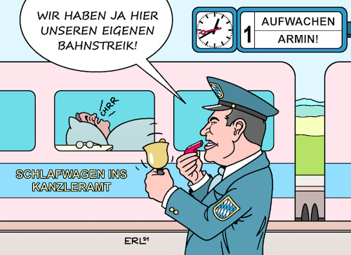 Cartoon: Bahnstreik (medium) by Erl tagged politik,wahl,bundestagswahl,2021,kanzlerkandidat,union,armin,laschet,nrw,cdu,wahlkampf,schlafwagen,kritik,konkurrent,ministerpräsident,bayern,markus,söder,csu,aufwachen,bahnstreik,gewerkschaft,gdl,lokführer,claus,weselsky,bahn,zugausfälle,schaffner,karikatur,erl,politik,wahl,bundestagswahl,2021,kanzlerkandidat,union,armin,laschet,nrw,cdu,wahlkampf,schlafwagen,kritik,konkurrent,ministerpräsident,bayern,markus,söder,csu,aufwachen,bahnstreik,gewerkschaft,gdl,lokführer,claus,weselsky,bahn,zugausfälle,schaffner,karikatur,erl