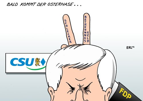 Cartoon: Bald kommt der Osterhase (medium) by Erl tagged csu,fdp,streit,meinung,position,unterschied,politik,schlecker,transfergesellschaft,betreuungssgeld,herdprämie,kita,kindertagesstätte,kinderkrippe,ausbau,seehofer,horst,ministrepräsident,csu,meinung,position,unterschied,schlecker,betreuungssgeld,herdprämie