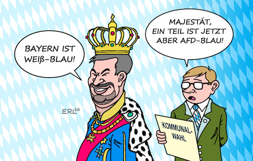 Cartoon: Bayern weiß-blau (medium) by Erl tagged politik,bayern,kommunalwahl,afd,gewinne,niederbayern,land,alarm,csu,könig,markus,söder,karikatur,erl,politik,bayern,kommunalwahl,afd,gewinne,niederbayern,land,alarm,csu,könig,markus,söder,karikatur,erl