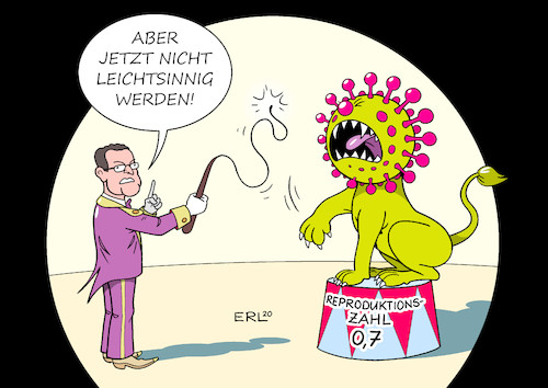 Cartoon: beherrschbar oder Circus Corona (medium) by Erl tagged politik,corona,pandemie,virus,covid19,deutschland,maßnahmen,kontaktverbot,ausgangsbeschränkung,schließung,schulen,kindergärten,kitas,geschäfte,verbot,veranstaltungen,wirkung,erfolg,reproduktionszahl,gesundheitsminister,jens,spahn,dompteur,löwe,zircus,vorsicht,lockerungen,karikatur,erl,politik,corona,pandemie,virus,covid19,deutschland,maßnahmen,kontaktverbot,ausgangsbeschränkung,schließung,schulen,kindergärten,kitas,geschäfte,verbot,veranstaltungen,wirkung,erfolg,reproduktionszahl,gesundheitsminister,jens,spahn,dompteur,löwe,zircus,vorsicht,lockerungen,karikatur,erl