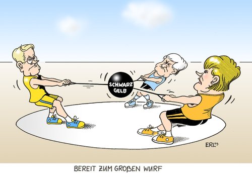 Cartoon: Bereit zum großen Wurf (medium) by Erl tagged cdu,csu,fdp,schwarz,gelb,koalitionsverhandlungen,regierung,hammerwerfen,cdu,csu,fdp,schwarz,gelb,koalitionsverhandlungen,regierung,hammerwerfen,angela merkel,guido westerwelle,angela,merkel,guido,westerwelle