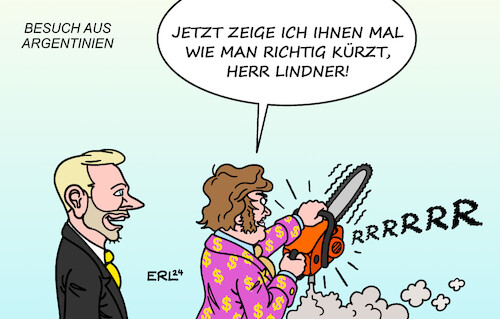 Cartoon: Besuch aus Argentinien (medium) by Erl tagged politik,besuch,deutschland,präsident,argentinien,javier,milei,neoliberalismus,sparen,kürzen,staat,zurückfahren,kettensäge,lehrstunde,anregung,finanzminister,christian,lindner,karikatur,erl,politik,besuch,deutschland,präsident,argentinien,javier,milei,neoliberalismus,sparen,kürzen,staat,zurückfahren,kettensäge,lehrstunde,anregung,finanzminister,christian,lindner,karikatur,erl