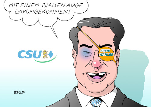 Cartoon: Blaues Auge (medium) by Erl tagged politik,bayern,landtagswahl,regierung,partei,alleinregierung,csu,absolute,mehrheit,umfragen,absturz,einbruch,umfragetief,wähler,denkzettel,ministerpräsident,markus,söder,koalition,freie,blaues,auge,augenklappe,karikatur,erl,politik,bayern,landtagswahl,regierung,partei,alleinregierung,csu,absolute,mehrheit,umfragen,absturz,einbruch,umfragetief,wähler,denkzettel,ministerpräsident,markus,söder,koalition,freie,blaues,auge,augenklappe,karikatur,erl