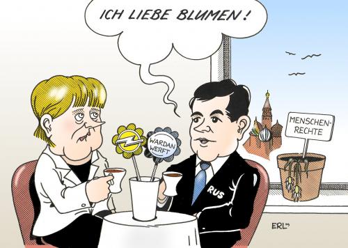 Cartoon: Blumen (medium) by Erl tagged merkel,medwedew,deutschland,russland,menschenrechte,opel,wardan,werft,blumen,angela merkel,medwedew,russland,deutschland,menschenrechte,opel,wardan,werft,blumen,angela,merkel