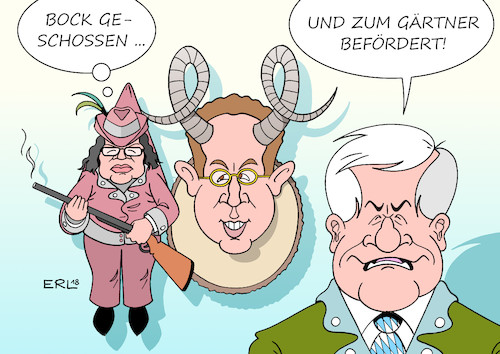 Cartoon: Bock geschossen (medium) by Erl tagged politik,verfassungsschutz,chef,hans,georg,maaßen,interview,chemnitz,rechtsextremismus,hetzjagden,relativierung,rechtspopulismus,afd,nähe,zweifel,aussage,bundeskanzlerin,angela,merkel,cdu,unterstützung,innenminister,horst,seehofer,csu,spd,andrea,nahles,bedingung,koalition,entlassung,beförderung,staatssekretär,innenministerium,karriere,bock,geschossen,zum,gärtner,karikatur,erl,politik,verfassungsschutz,chef,hans,georg,maaßen,interview,chemnitz,rechtsextremismus,hetzjagden,relativierung,rechtspopulismus,afd,nähe,zweifel,aussage,bundeskanzlerin,angela,merkel,cdu,unterstützung,innenminister,horst,seehofer,csu,spd,andrea,nahles,bedingung,koalition,entlassung,beförderung,staatssekretär,innenministerium,karriere,bock,geschossen,zum,gärtner,karikatur,erl