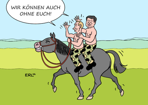 Cartoon: Botschaft an den Westen (medium) by Erl tagged politik,treffen,wladimir,putin,russland,xi,jinping,china,zusammenrücken,autokraten,gegen,demokratie,westen,krieg,ukraine,pferd,karikatur,erl,politik,treffen,wladimir,putin,russland,xi,jinping,china,zusammenrücken,autokraten,gegen,demokratie,westen,krieg,ukraine,pferd,karikatur,erl