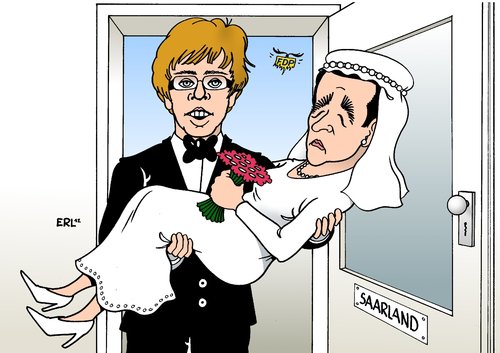 Cartoon: Bräutigam (medium) by Erl tagged große,saarland,wahl,koalition,hochzeit,bräutigam,braut,annegret,kramp,karrenbauer,ministerpräsidentin,cdu,heiko,maas,spd,fdp,abflug,niederlage,saarland,wahl,koalition,hochzeit,bräutigam,spd,fdp