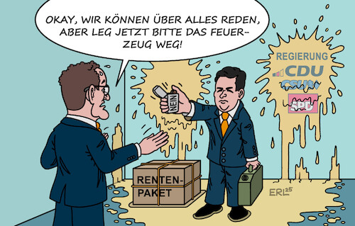 Cartoon: Brenzlige Situation (medium) by Erl tagged politik,koalition,cdu,csu,spd,rentenpaket,widerstand,junge,union,showdown,fraktionschef,jens,spahn,ju,johannes,winkel,benzin,feuerzeug,gefahr,regierung,platzen,karikatur,erl,politik,koalition,cdu,csu,spd,rentenpaket,widerstand,junge,union,showdown,fraktionschef,jens,spahn,ju,johannes,winkel,benzin,feuerzeug,gefahr,regierung,platzen,karikatur,erl