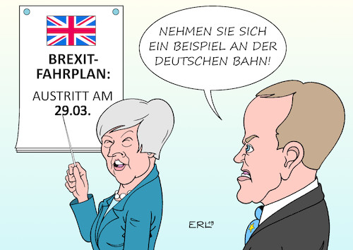 Cartoon: Brexit Verschiebung (medium) by Erl tagged politik,brexit,großbritannien,gb,uk,austritt,eu,europäische,union,premierministerin,theresa,may,vertrag,abstimmung,parlament,niederlage,ungewissheit,ungeordneter,chaos,zweites,referendum,plan,nachverhandlung,besuch,brüssel,ratspräsident,donald,tusk,verschiebung,deutsche,bahn,verspätungen,karikatur,erl,politik,brexit,großbritannien,gb,uk,austritt,eu,europäische,union,premierministerin,theresa,may,vertrag,abstimmung,parlament,niederlage,ungewissheit,ungeordneter,chaos,zweites,referendum,plan,nachverhandlung,besuch,brüssel,ratspräsident,donald,tusk,verschiebung,deutsche,bahn,verspätungen,karikatur,erl