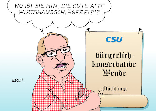 Cartoon: bürgerlich-konservative Wende (medium) by Erl tagged csu,partei,klausur,tagung,kloster,seeon,konservativ,bürgerlich,wende,landesgruppenchef,alexander,dobrindt,kurs,landtagswahl,wähler,afd,zurück,gewinnen,absolute,mehrheit,flüchtlingspolitik,flüchtlinge,abschreckung,kürzung,sozialleistungen,christlich,sozial,fischen,rechts,bundestagswahl,verluste,wählerstimmen,karikatur,erl,csu,partei,klausur,tagung,kloster,seeon,konservativ,bürgerlich,wende,landesgruppenchef,alexander,dobrindt,kurs,landtagswahl,wähler,afd,zurück,gewinnen,absolute,mehrheit,flüchtlingspolitik,flüchtlinge,abschreckung,kürzung,sozialleistungen,christlich,sozial,fischen,rechts,bundestagswahl,verluste,wählerstimmen,karikatur,erl