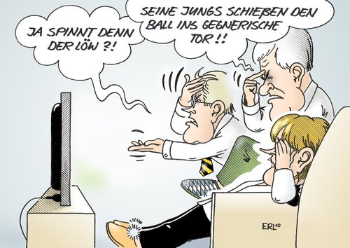 Cartoon: Bundestrainer (medium) by Erl tagged fußball,weltmeisterschaft,nationalmannschaft,deutschland,sieg,australien,bundestrainer,löw,koalition,cdu,csu,fdp,merkel,seehofer,westerwelle,tor,eigentor,fußball,weltmeisterschaft,fussball,wm,nationalmannschaft,deutschland,sieg,australien,bundestrainer,fdp,angela merkel,horst seehofer,guido westerwelle,angela,merkel,horst,seehofer,guido,westerwelle