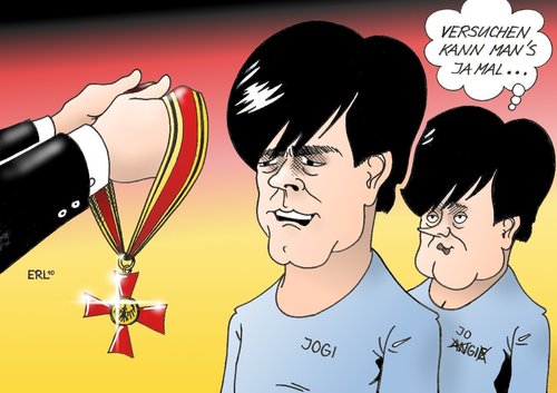 Cartoon: Bundesverdienstkreuz (medium) by Erl tagged fußball,wm,deutschland,nationalmannschaft,trainer,bundestrainer,joachim,löw,jogi,bundesverdienstkreuz,bundespräsident,christian,wulff,bundeskanzlerin,angela,merkel,beliebtheit,profitieren,umfragetief,fußball,wm,deutschland,nationalmannschaft,bundestrainer,joachim,joachim löw,jogi,bundesverdienstkreuz,bundespräsident,christian wulff,beliebtheit,angela merkel,sympathisch,sympathie,trainer,fussball,weltmeisterschaft,löw,christian,wulff,angela,merkel