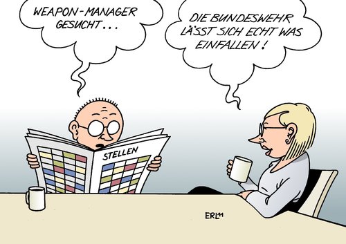 Cartoon: Bundeswehr (medium) by Erl tagged bundeswehr,wehrpflicht,ende,freiwillig,freiwillige,armee,freiwilligenarmee,nachwuchs,problem,attraktivität,stellenangebot,manager,bundeswehr,wehrpflicht,ende,freiwillig,freiwillige,armee,freiwilligenarmee,nachwuchs,problem,attraktivität,stellenangebot,manager