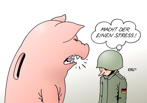 Cartoon: Bundeswehr (medium) by Erl tagged bundeswehr,wehrbericht,wehrbeauftragter,soldaten,stress,unsicherheit,sparmaßnahmen,sparschwein,bundeswehr,wehrbericht,wehrbeauftragter,soldaten,stress,unsicherheit,sparmaßnahmen,sparschwein