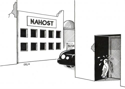 Cartoon: Bush in Nahost (medium) by Erl tagged bush,middle,east,bush,middle,east,nahost,auto,friedenstaube,schwitzen,verstecken,ecke,fenster,attentat,zerstörung,besuch,staat,moslem,terrorismus