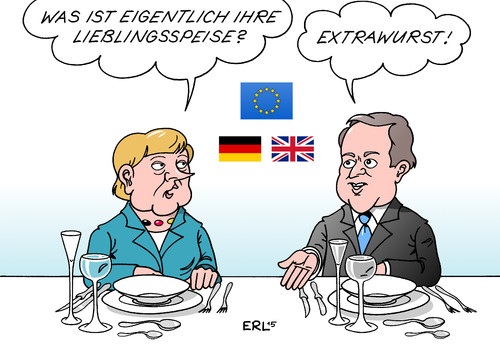 Cartoon: Cameron Merkel (medium) by Erl tagged david,cameron,premierminister,uk,vereinigtes,königreich,großbritannien,besuch,deutschland,berlin,bundeskanzlerin,angela,merkel,eu,europa,skepsis,referendum,reformen,zugeständnisse,extrawurst,lieblingsspeise,essen,karikatur,erl,david,cameron,premierminister,uk,vereinigtes,königreich,großbritannien,besuch,deutschland,berlin,bundeskanzlerin,angela,merkel,eu,europa,skepsis,referendum,reformen,zgeständnisse,extrawurst,lieblingsspeise,essen