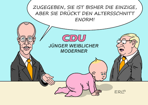 Cartoon: CDU-Klausur (medium) by Erl tagged politik,cdu,klausur,vorsitzender,oppositionsführer,friedrich,merz,ziel,partei,jünger,weiblicher,moderner,baby,karikatur,erl,politik,cdu,klausur,vorsitzender,oppositionsführer,friedrich,merz,ziel,partei,jünger,weiblicher,moderner,baby,karikatur,erl