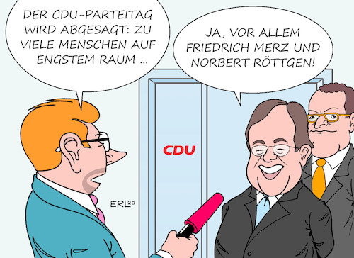 Cartoon: CDU-Parteitag (medium) by Erl tagged politik,gesundheit,krankheit,infektion,coronavirus,covid19,pandemie,maßnahmen,quarantäne,sperrgebiet,ausfälle,veranstaltungen,cdu,parteitag,wahl,vorsitzender,kandidaten,laschet,merz,röttgen,gesundheitsminister,spahn,karikatur,erl,politik,gesundheit,krankheit,infektion,coronavirus,covid19,pandemie,maßnahmen,quarantäne,sperrgebiet,ausfälle,veranstaltungen,cdu,parteitag,wahl,vorsitzender,kandidaten,laschet,merz,röttgen,gesundheitsminister,spahn,karikatur,erl