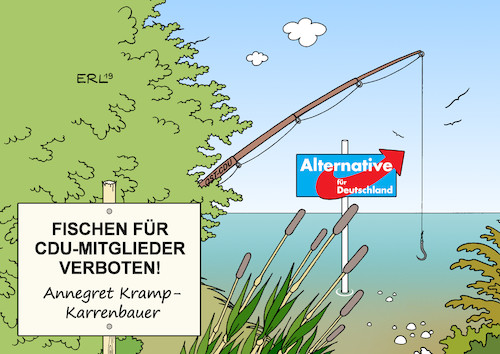 Cartoon: CDU AfD (medium) by Erl tagged politik,landtagswahlen,ostdeutschland,cdu,angst,afd,annäherung,koalition,machtwort,verbot,annegret,kramp,karrenbauer,fischen,am,rechten,rand,karikatur,erl,politik,landtagswahlen,ostdeutschland,cdu,angst,afd,annäherung,koalition,machtwort,verbot,annegret,kramp,karrenbauer,fischen,am,rechten,rand,karikatur,erl