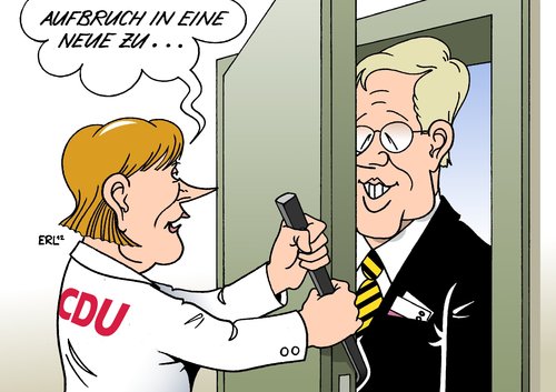 Cartoon: CDU Aufbruch (medium) by Erl tagged cdu,klausur,tagung,kiel,aufbruch,zukunft,bundeskanzlerin,angela,merkel,bundespräsident,christian,wulff,affäre,reisen,kredit,mailbox,amt,schaden,rückhalt,rücktritt,cdu,klausur,tagung,aufbruch,kiel,zukunft,bundeskanzlerin,merkel,bundespräsident,wulff,kredit,mailbox,affäre,rückhalt