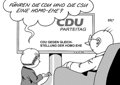 Cartoon: CDU CSU (medium) by Erl tagged cdu,parteitag,wiederwahl,vorsitz,merkel,schwesterpartei,csu,frieden,ablehnung,gleichstellung,homoehe,ehe,steuer
