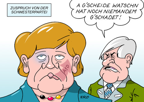 Cartoon: CDU CSU (medium) by Erl tagged wahl,landtagswahl,mecklenburg,vorpommern,sieg,spd,stimmengewinne,afd,rechtspopulismus,verluste,cdu,flüchtlingspolitik,bundeskanzlerin,angela,merkel,flüchtlinge,grenzöffnung,kritik,schuldzuweisung,schwesterpartei,csu,seehofer,watschn,ohrfeige,klatsche,blaues,auge,karikatur,erl,wahl,landtagswahl,mecklenburg,vorpommern,sieg,spd,stimmengewinne,afd,rechtspopulismus,verluste,cdu,flüchtlingspolitik,bundeskanzlerin,angela,merkel,flüchtlinge,grenzöffnung,kritik,schuldzuweisung,schwesterpartei,csu,seehofer,watschn,ohrfeige,klatsche,blaues,auge,karikatur,erl