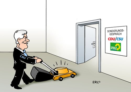 Cartoon: CDU CSU Grüne (medium) by Erl tagged cdu,wahlsieg,wahl,csu,regierung,regierungsbildung,koalition,partner,suche,sondierung,sondierungsgespräch,grüne,bündnis,90,die,grünen,horst,seehofer,abneigung,rasenmäher,cdu,csu,grüne